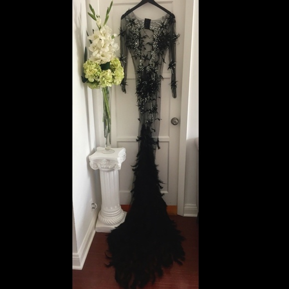 BLACK REAL FEATHER BEADED EMBELLISHED GOWN DRESS - Picture 5 of 12